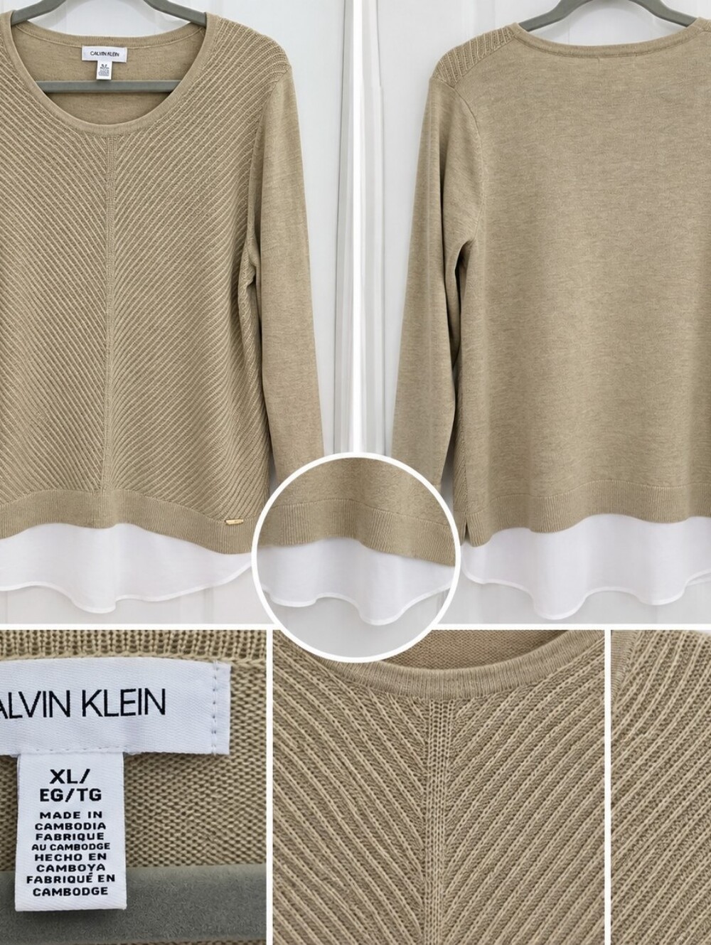 Calvin Klein Beige Layered-Hem Crewneck Sweater